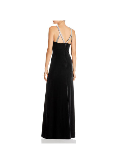 AQUA FORMAL Womens Black Textured Zippered Rhinestone Straps Lined Pleated Sleeveless Jewel Neck Full-Length Evening Gown Dress 10