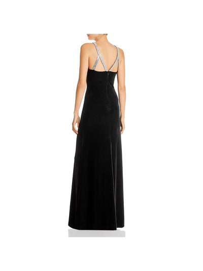 AQUA FORMAL Womens Black Textured Zippered Rhinestone Straps Lined Pleated Sleeveless Jewel Neck Full-Length Evening Gown Dress 8