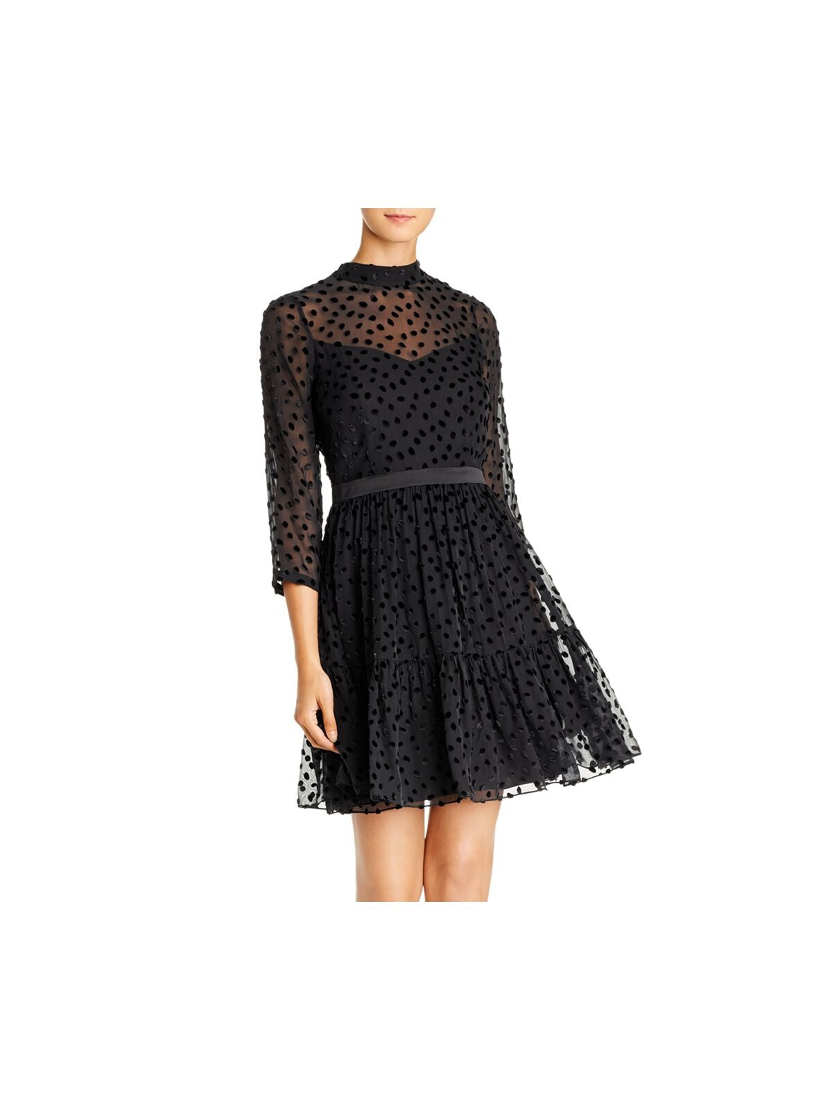 REBECCA TAYLOR Womens Black Zippered Cut Out Partially Lined Sheer Ruffled Polka Dot 3/4 Sleeve Mock Neck Above The Knee Fit + Flare Dress 10