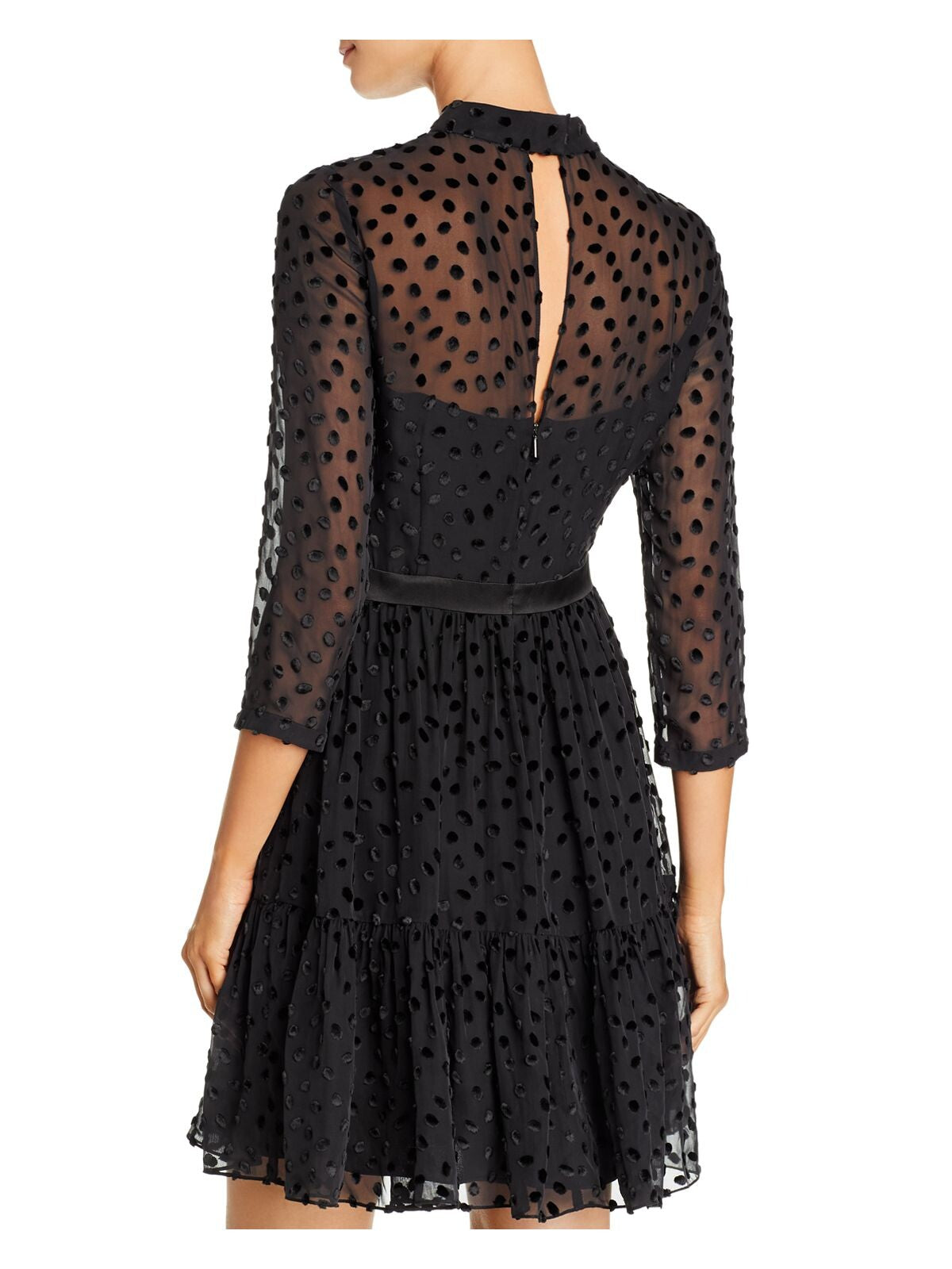 REBECCA TAYLOR Womens Black Zippered Cut Out Partially Lined Sheer Ruffled Polka Dot 3/4 Sleeve Mock Neck Above The Knee Fit + Flare Dress 10