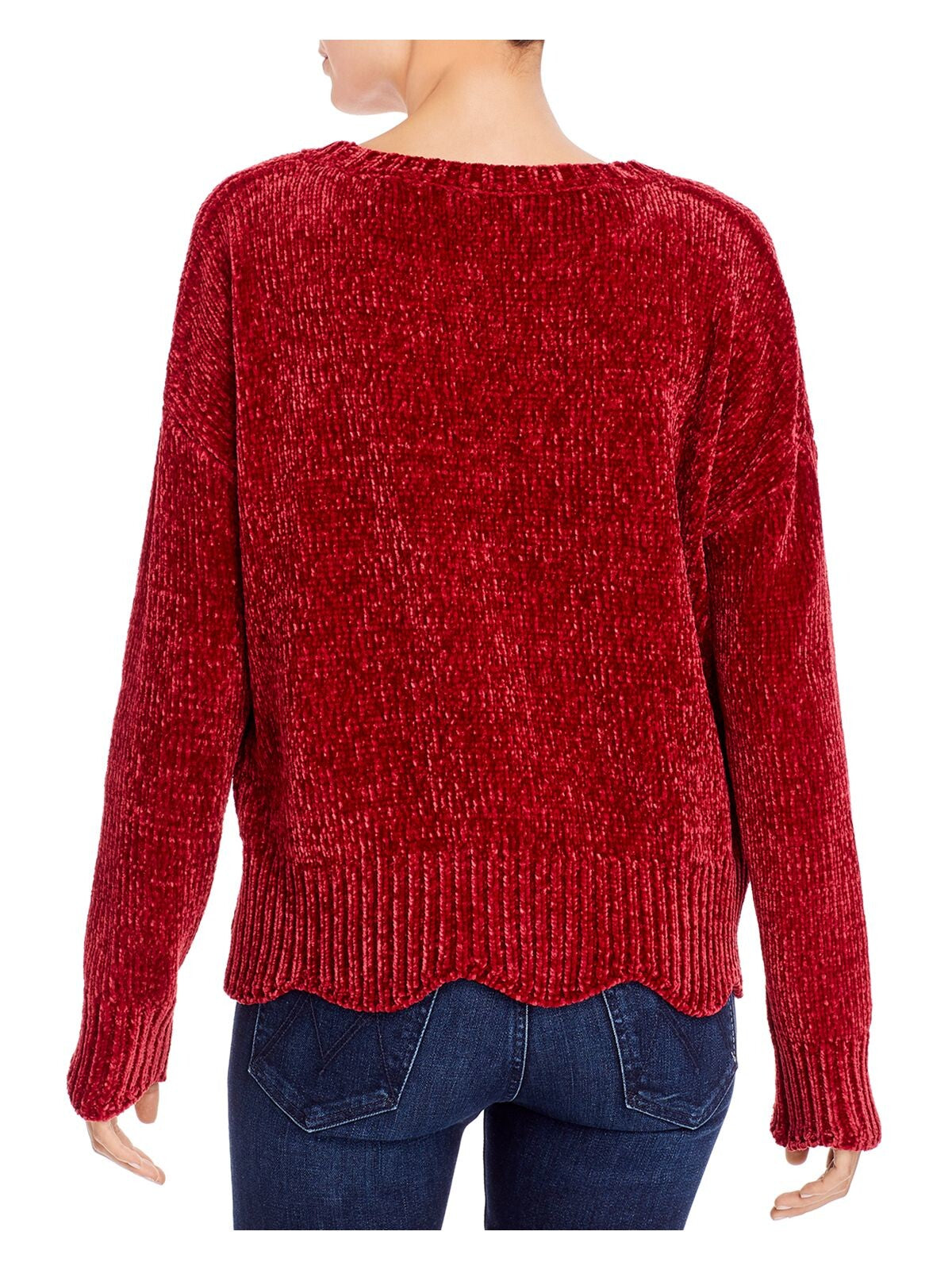 AQUA Womens Red Ribbed Long Sleeve Crew Neck Blouse XS