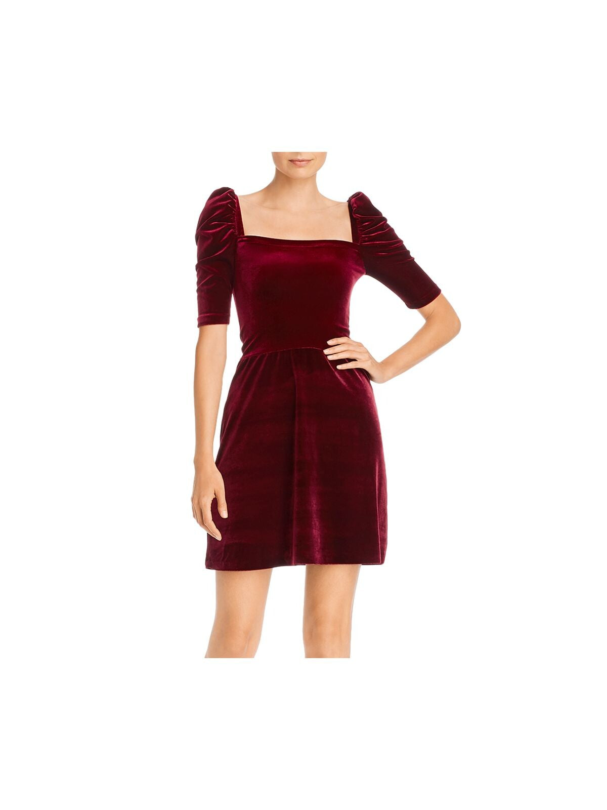 AQUA Womens Maroon Velvet Pouf Square Neck Short Cocktail Sheath Dress M