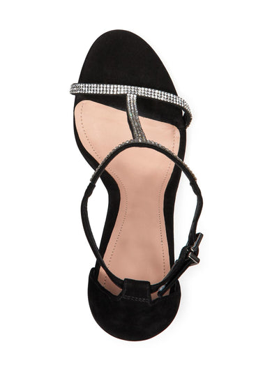 AQUA Womens Black Crystal-Embellished T-Strap Ankle Strap Hariana Open Toe Stiletto Buckle Leather Dress Sandals Shoes 7.5 B