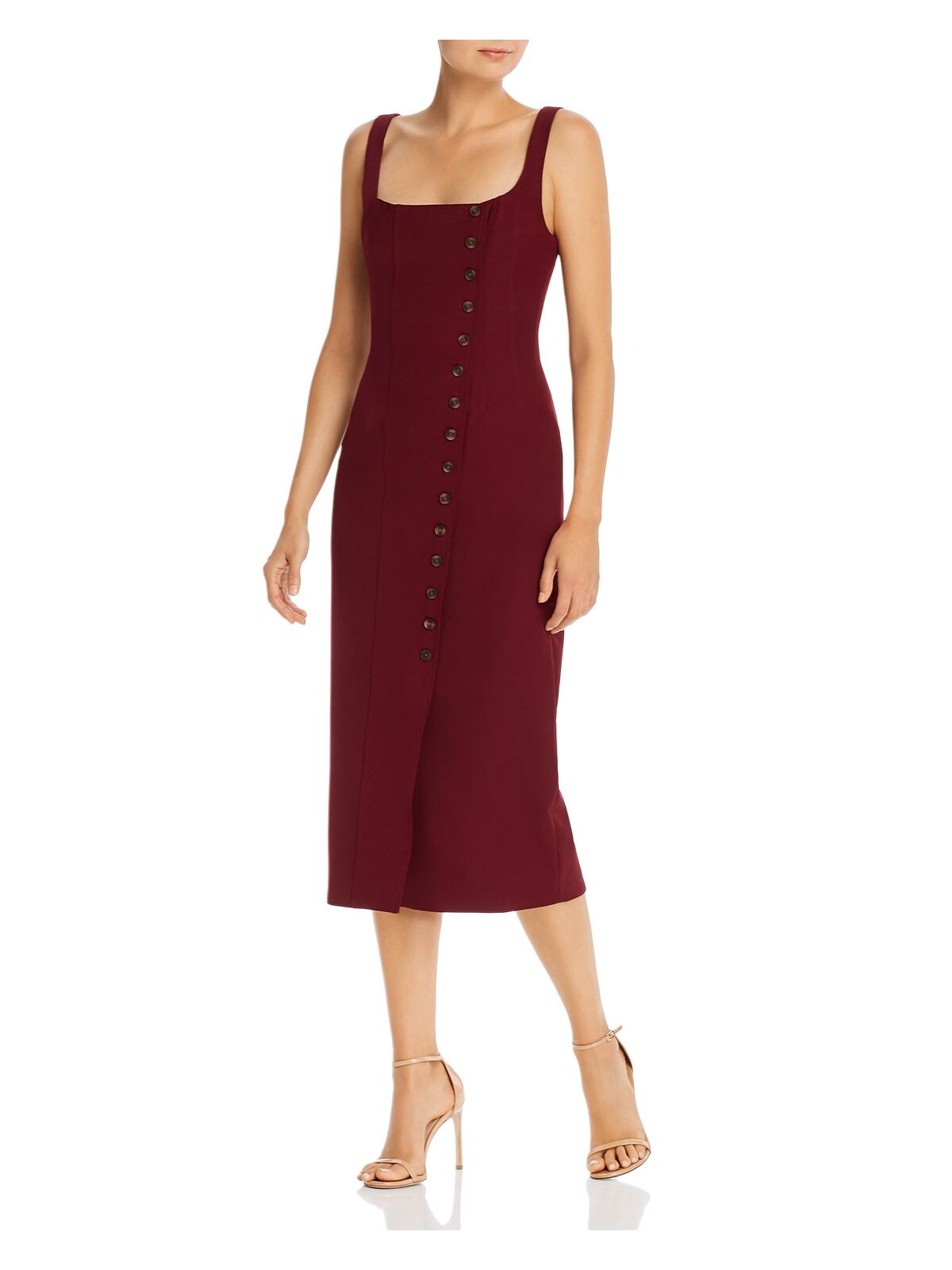 FAME AND PARTNERS Womens Maroon Button Up Spaghetti Strap Square Neck Below The Knee Evening Sheath Dress 2