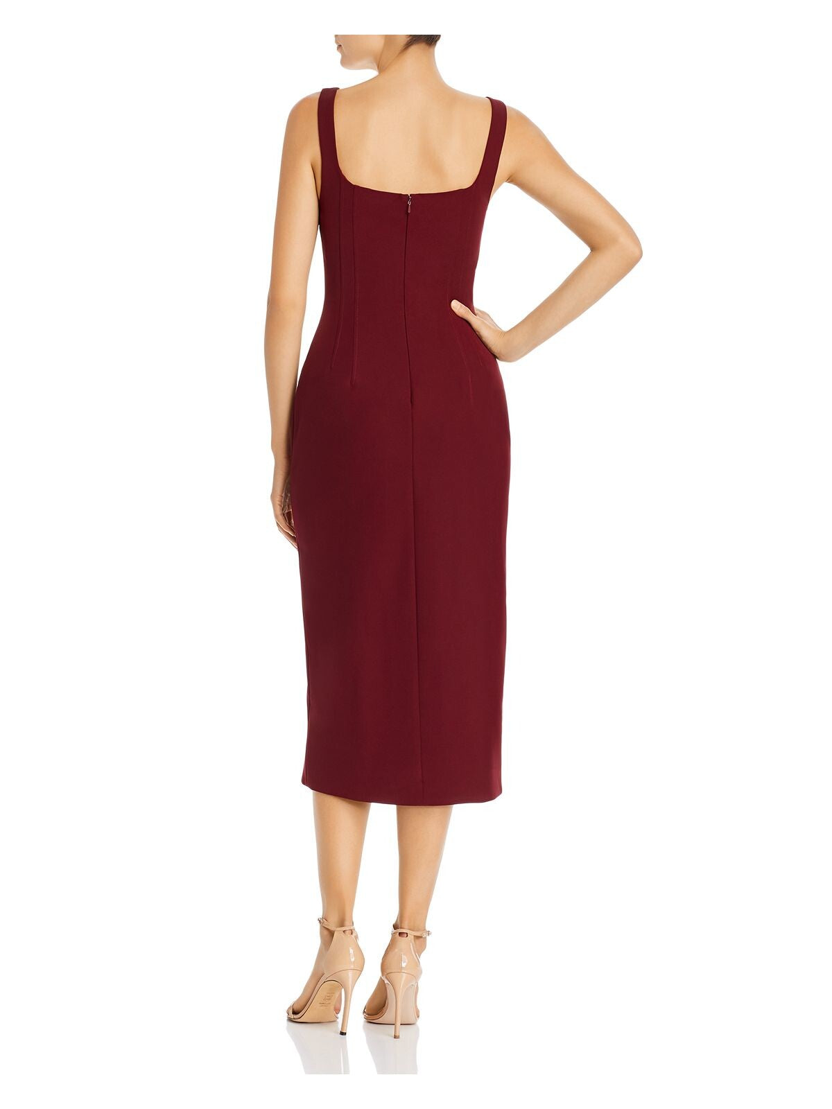 FAME AND PARTNERS Womens Maroon Button Up Spaghetti Strap Square Neck Below The Knee Evening Sheath Dress 2