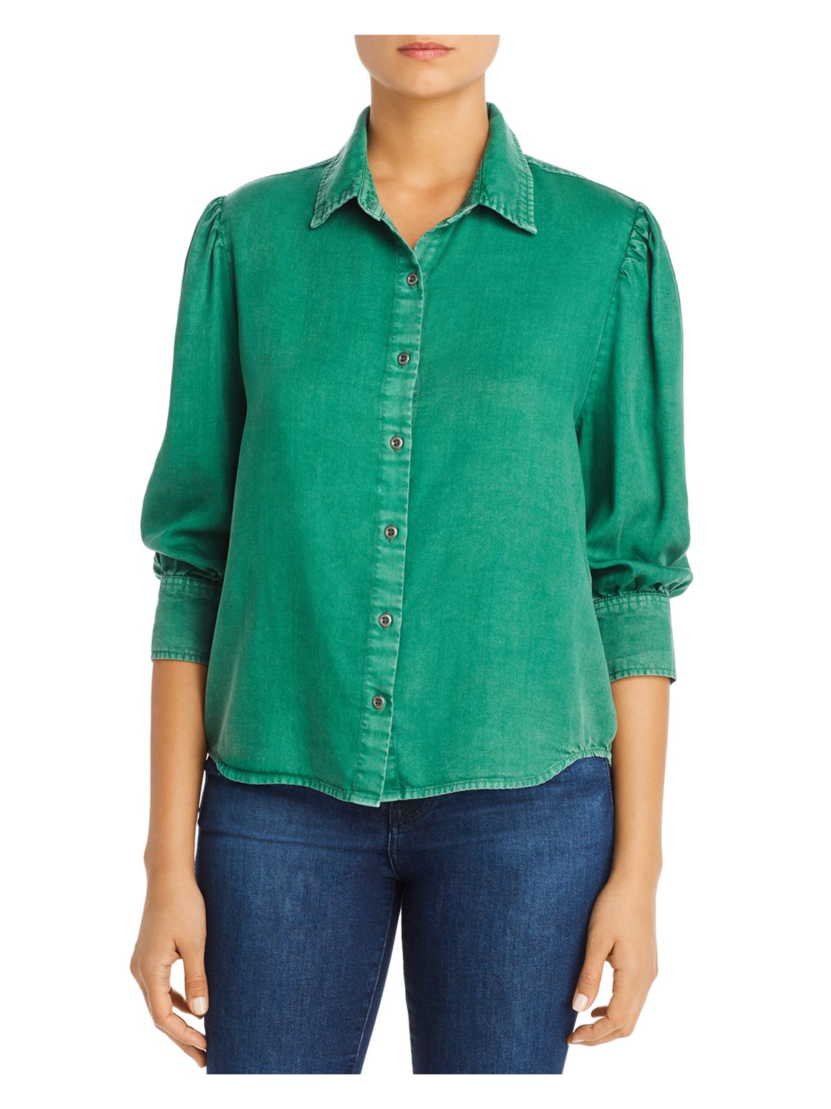 BILLY T Womens Green Pleated Puff Shoulders Step Hem 3/4 Sleeve Collared Button Up Top S