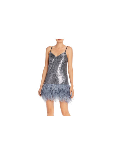 CINQ A SEPT Womens Gray Stretch Sequined Zippered Feather Spaghetti Strap V Neck Mini Party Shift Dress 0