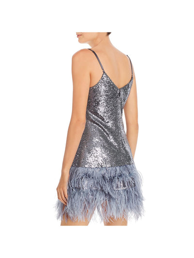 CINQ A SEPT Womens Gray Stretch Sequined Zippered Feather Spaghetti Strap V Neck Mini Party Shift Dress 0