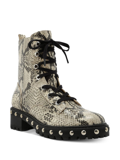 SCHUTZ Womens Beige Snake Print Lace Up Toe Cap Studded Lug Sole Andrea Round Toe Wedge Zip-Up Leather Combat Boots 10.5 B