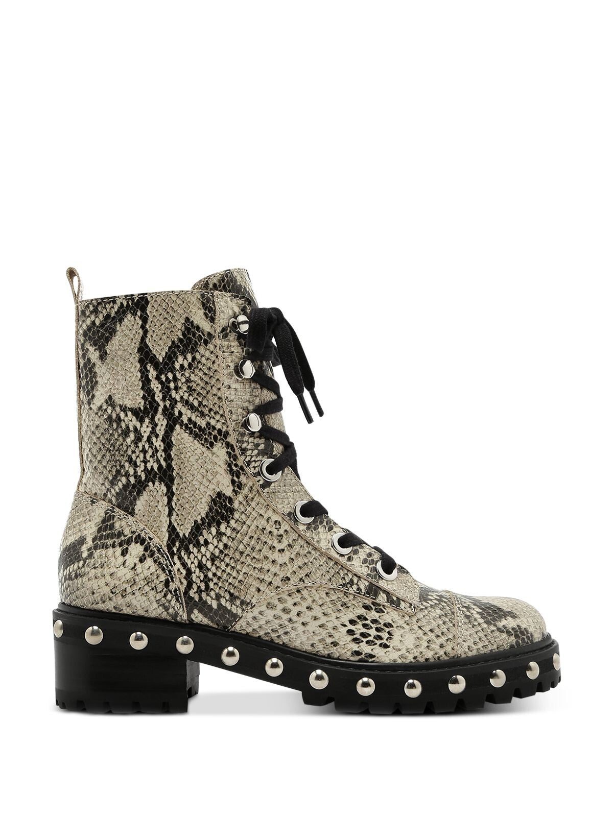 SCHUTZ Womens Beige Snake Print Lace Up Toe Cap Studded Lug Sole Andrea Round Toe Wedge Zip-Up Leather Combat Boots 7 B