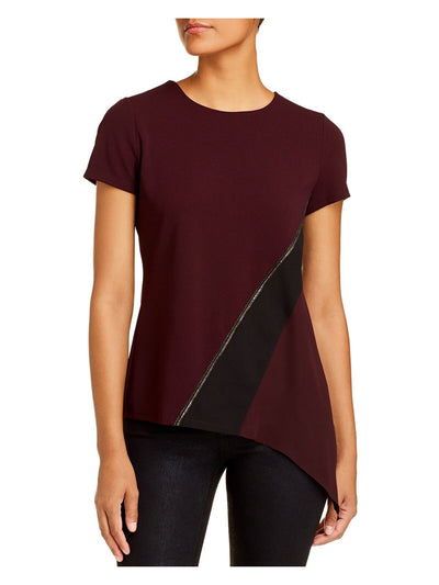 DONNA KARAN Womens Burgundy Embellished Short Sleeve Crew Neck T-Shirt XS
