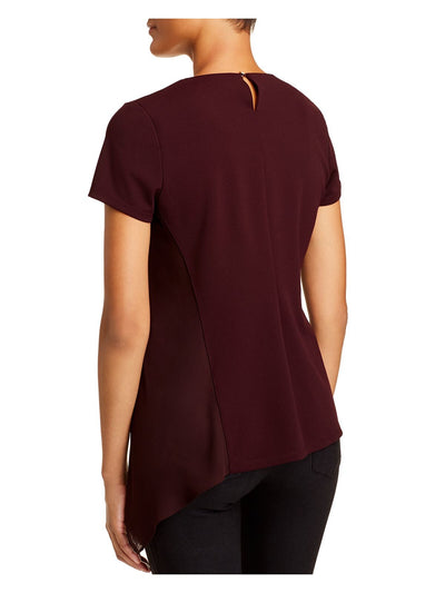 DONNA KARAN Womens Burgundy Embellished Short Sleeve Crew Neck T-Shirt XS