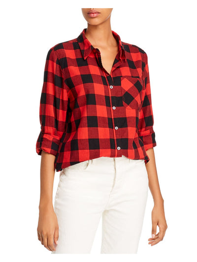 AQUA Womens Red Plaid Long Sleeve Collared Top XS