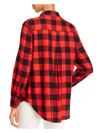 AQUA Womens Red Plaid Long Sleeve Collared Top XS