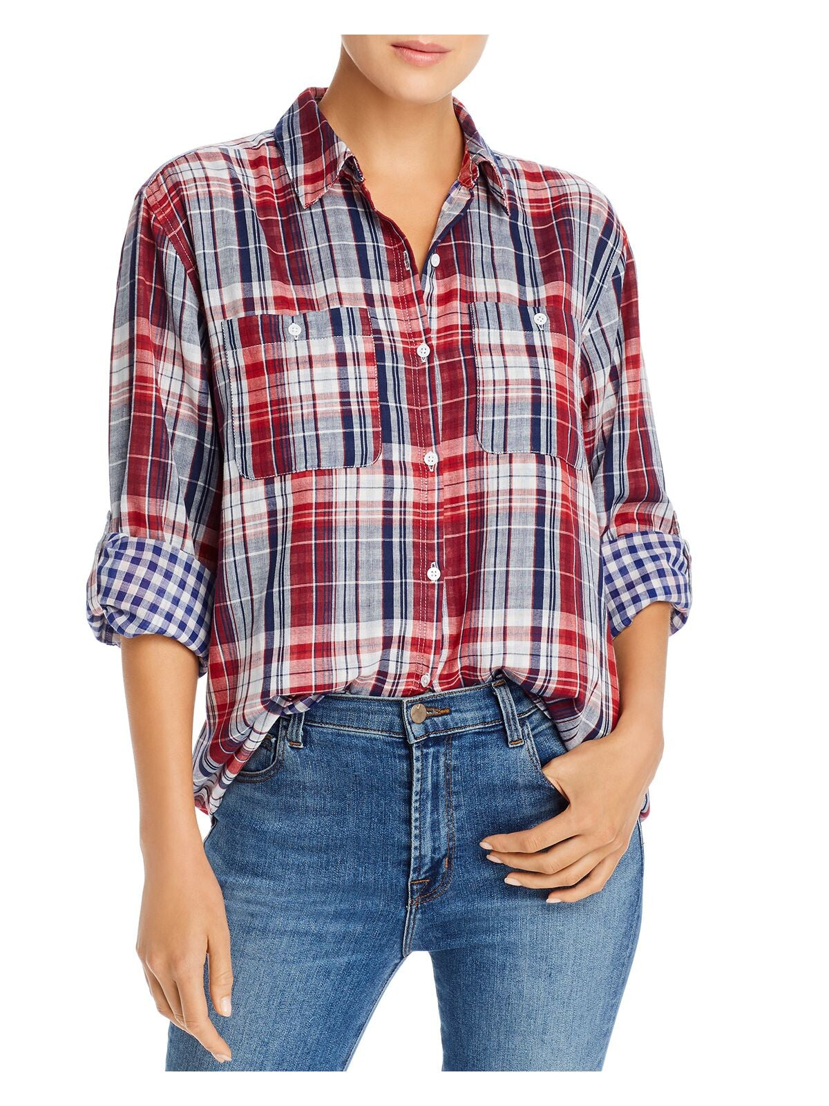 JOIE Womens Red Plaid Cuffed Collared Button Up Top 2XS