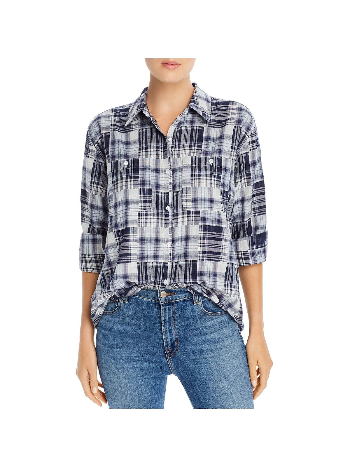 JOIE Womens Navy Plaid Cuffed Collared Button Up Top XS