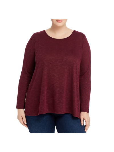 CHENAULT Womens Burgundy Stretch Ribbed Long Sleeve Round Neck Blouse Plus 1X