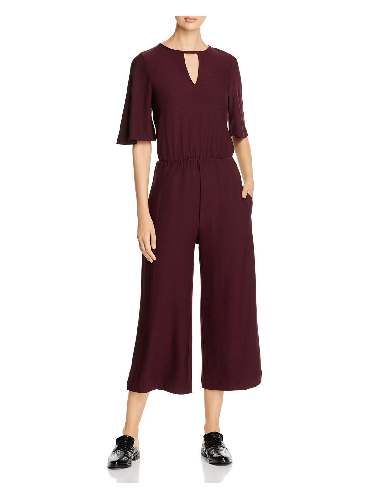 LYSSE Womens Burgundy Pocketed Wide-leg Elbow Sleeve Keyhole Evening Cropped Jumpsuit S