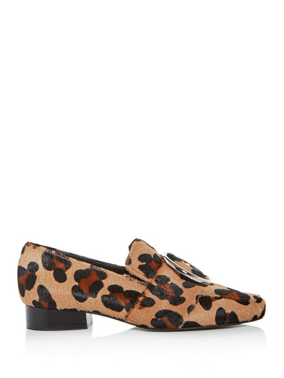 DORATEYMUR Womens Beige Leopard Print Buckle Accent Comfort Harput Square Toe Block Heel Slip On Leather Loafers Shoes