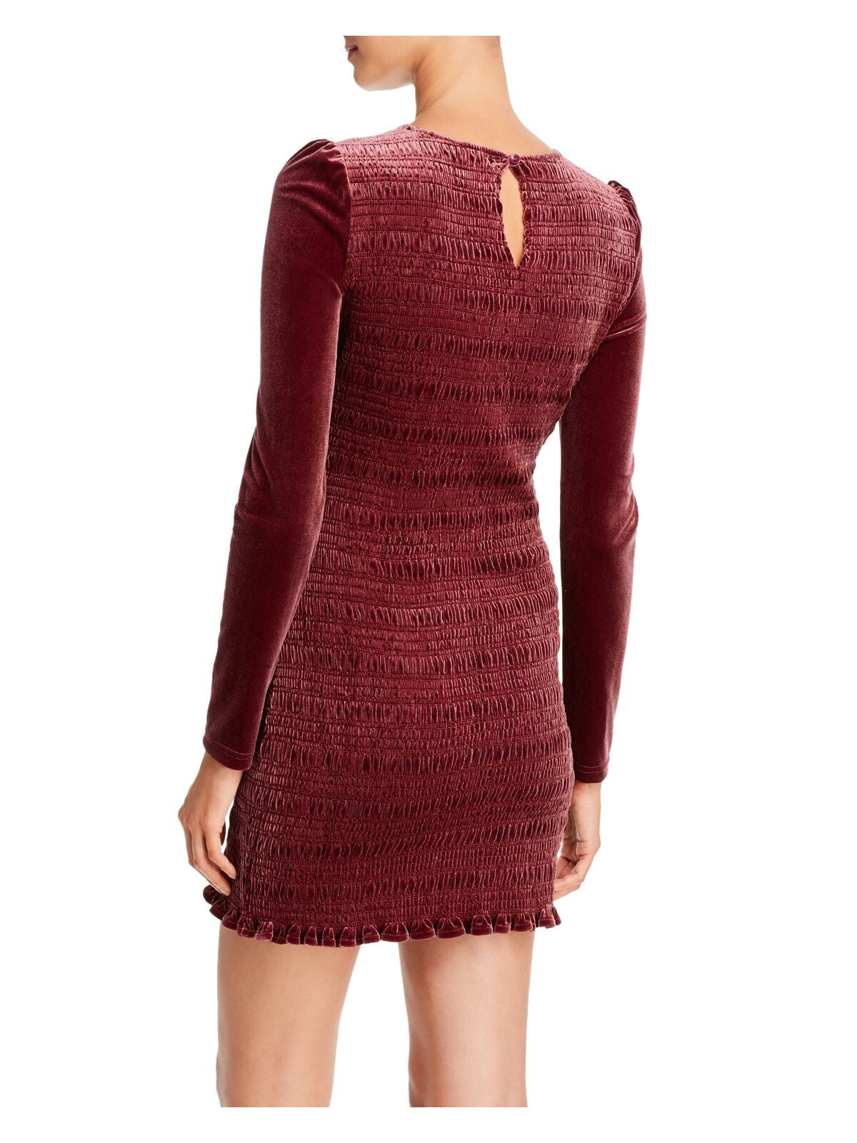 AQUA Womens Burgundy Textured Long Sleeve Crew Neck Mini Body Con Dress S