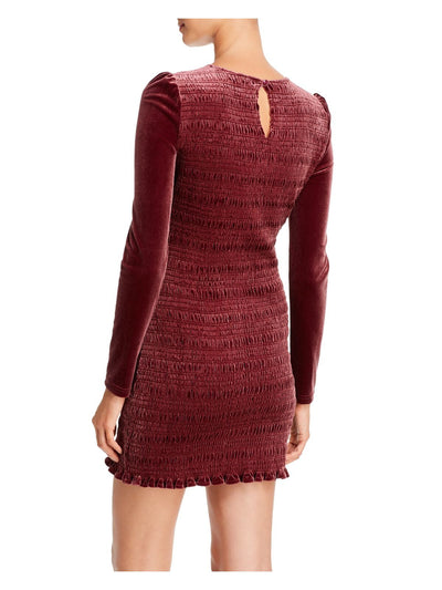 AQUA Womens Burgundy Textured Long Sleeve Crew Neck Mini Body Con Dress M