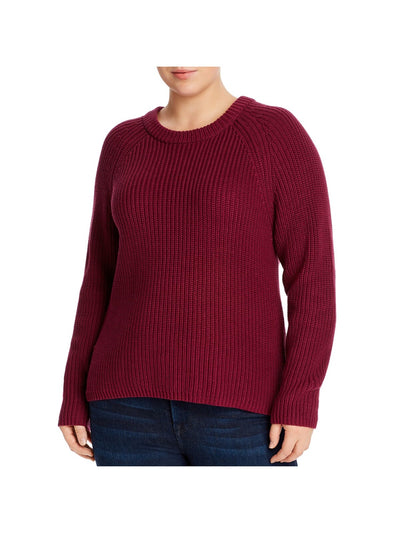 AQUA CURVE Womens Burgundy Ribbed Long Raglan-sleeve Crew Neck Sweater 3X