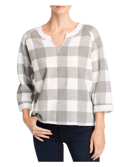 ALTERNATIVE Womens White Check 3/4 Sleeve V Neck Hi-Lo Sweater Size: XS