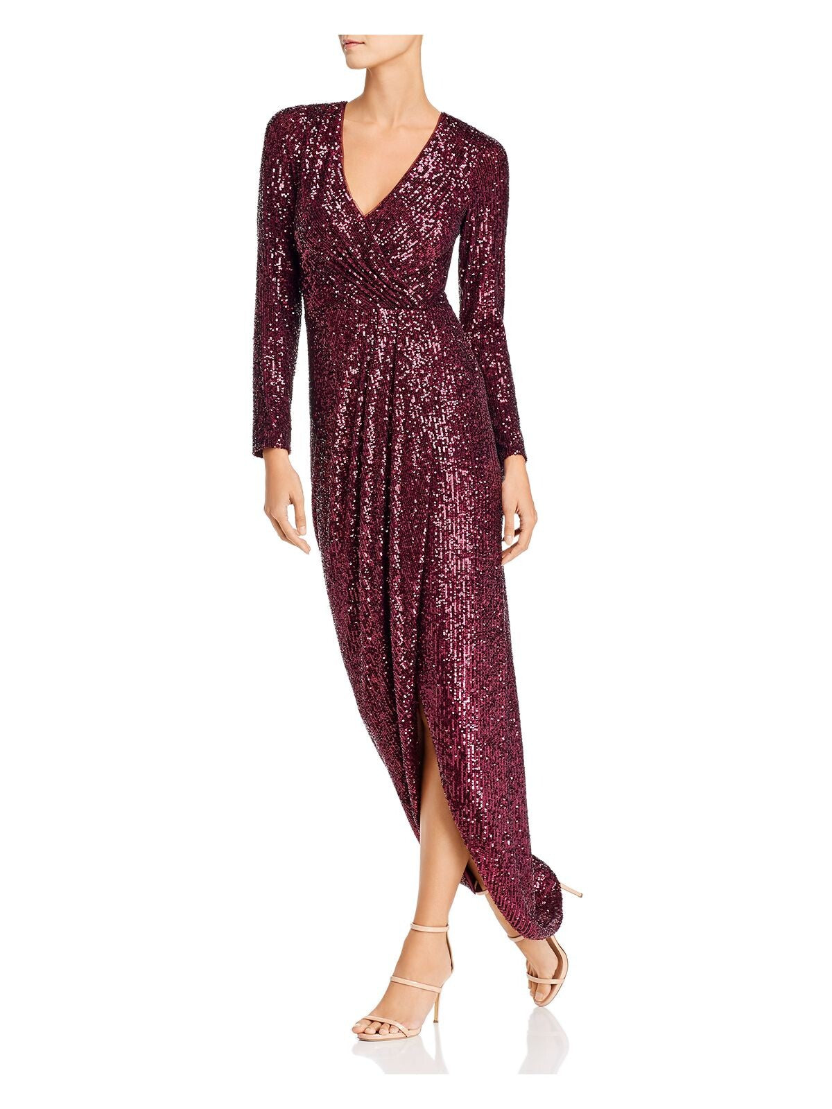 AQUA DRESSES Womens Burgundy Sequined Lined Long Sleeve Surplice Neckline Full-Length Evening Faux Wrap Dress 0