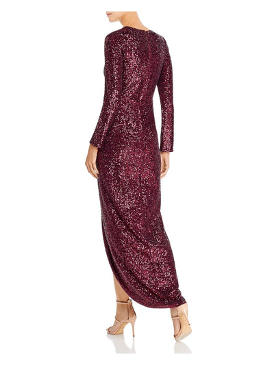 AQUA DRESSES Womens Sequined Lined Long Sleeve Surplice Neckline Full-Length Evening Faux Wrap Dress
