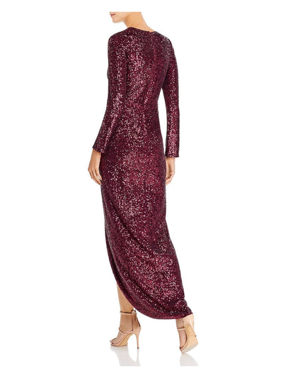 AQUA DRESSES Womens Burgundy Sequined Lined Long Sleeve Surplice Neckline Full-Length Evening Faux Wrap Dress 0