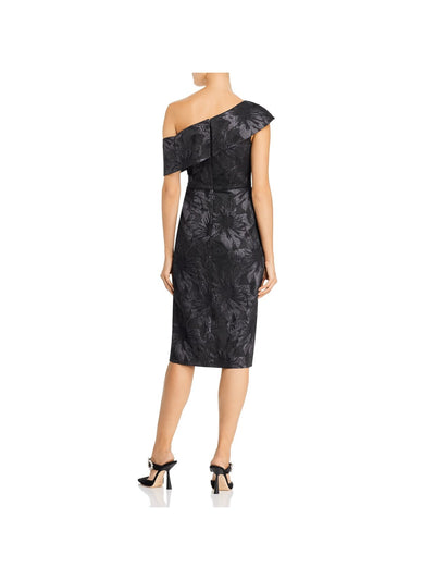 AIDAN MATTOX Womens Black Zippered Ruched Offset Front Slit Cap Sleeve Asymmetrical Neckline Knee Length Formal Sheath Dress 2