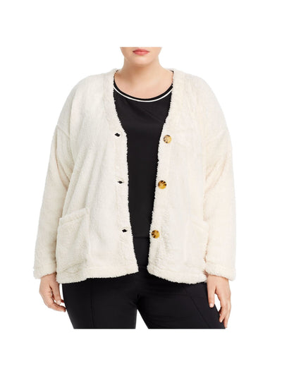 BOBEAU Womens Textured Pocketed Faux Shearling Cardigan Long Sleeve Button Up Sweater