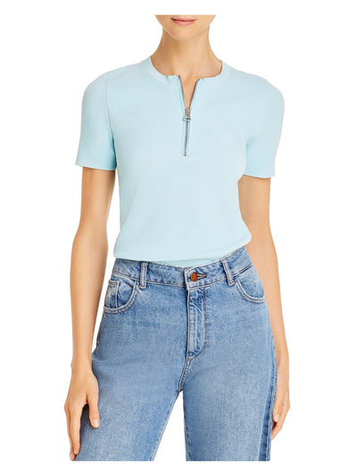 HELMUT LANG Womens Light Blue Ribbed Fitted Short Sleeve Zip Neck Top S