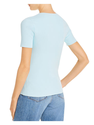 HELMUT LANG Womens Light Blue Ribbed Fitted Short Sleeve Zip Neck Top S