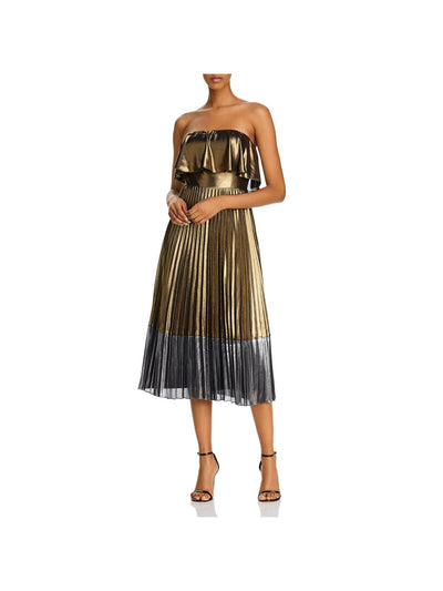 AIDAN AIDAN MATTOX Womens Gold Metallic Zippered Pleated Spaghetti Strap Square Neck Midi Evening Fit + Flare Dress 4