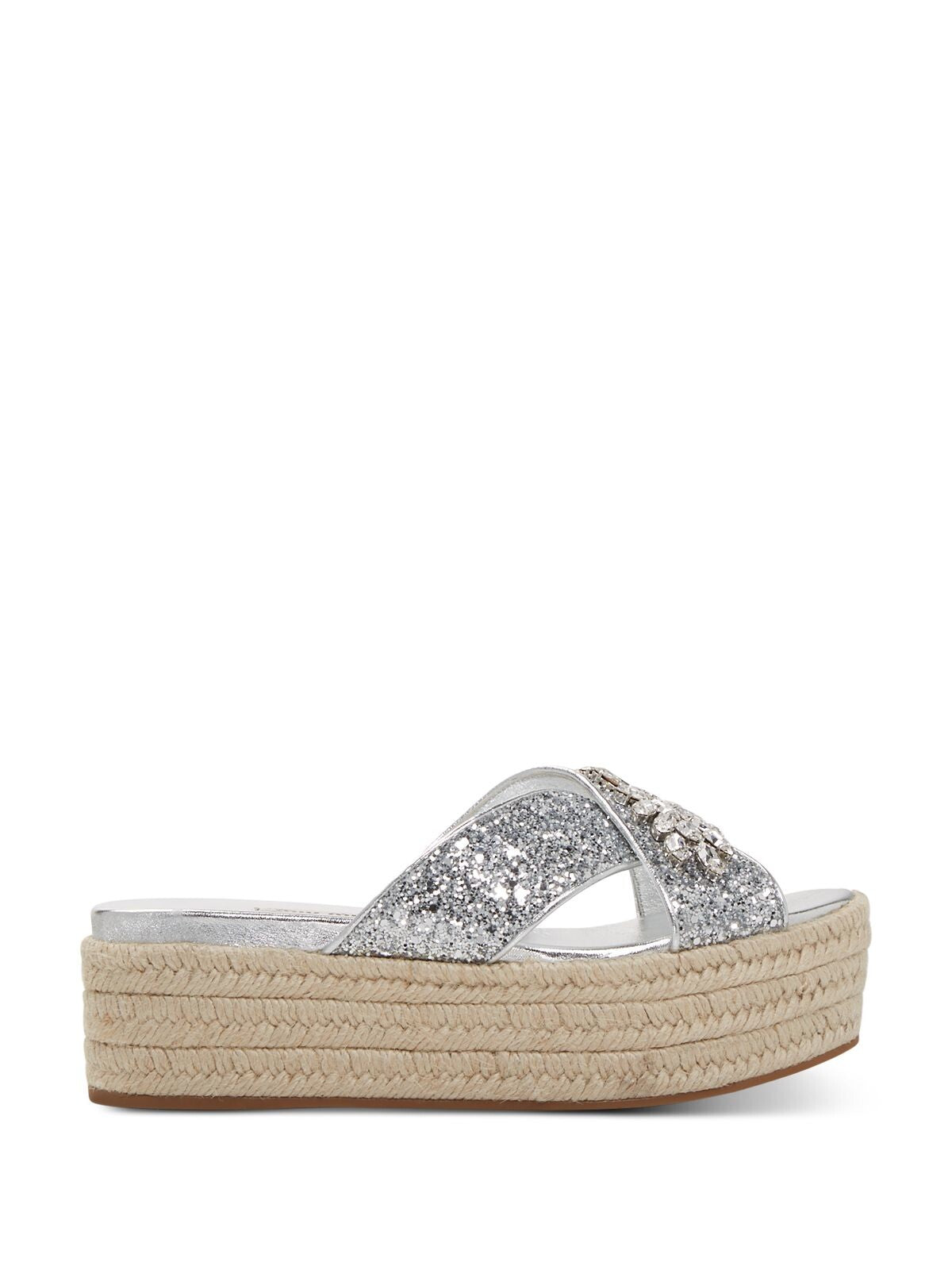 MIU MIU Womens Silver Embellished Glitter Round Toe Wedge Slip On Leather Dress Espadrille Shoes 36.5