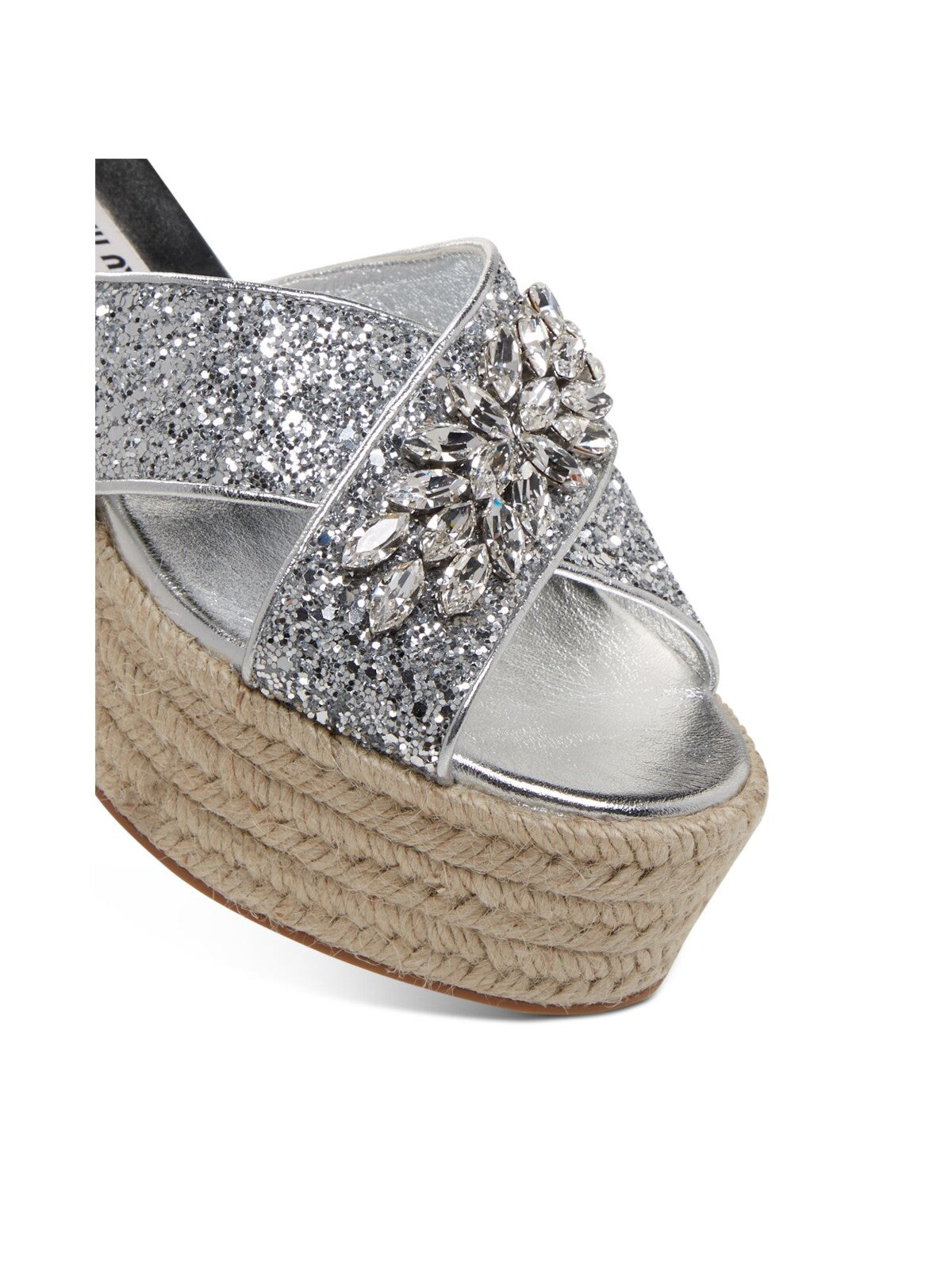 MIU MIU Womens Silver Embellished Glitter Round Toe Wedge Slip On Leather Dress Espadrille Shoes 36.5