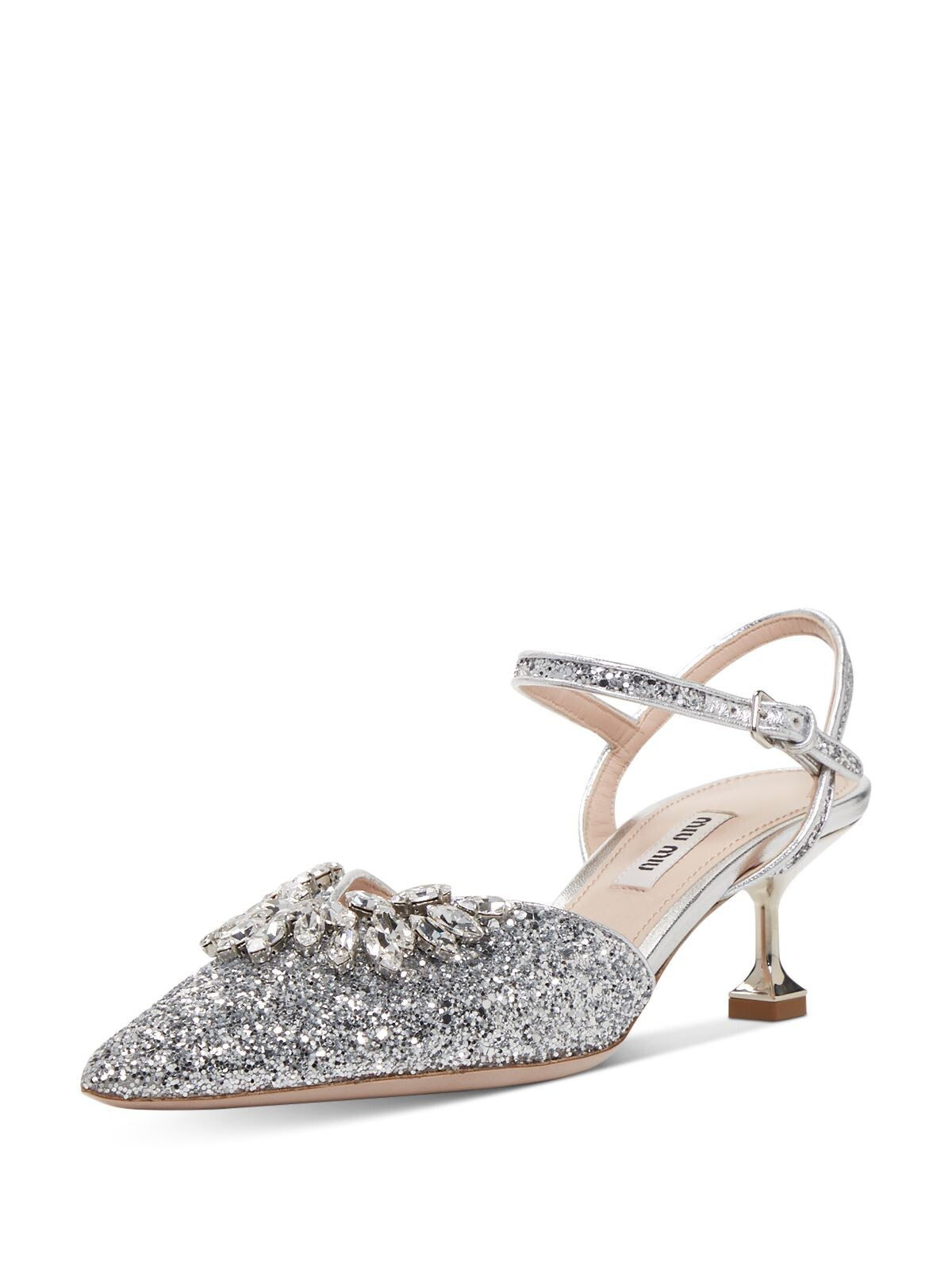 MIU MIU Womens Silver Rhinestones Slingback Embellished Glitter Crystal Pointed Toe Sculpted Heel Buckle Leather Pumps Shoes 36