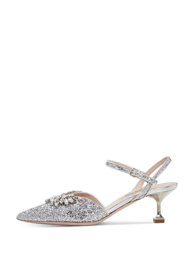 MIU MIU Womens Silver Rhinestones Slingback Embellished Glitter Crystal Pointed Toe Sculpted Heel Buckle Leather Pumps Shoes 36