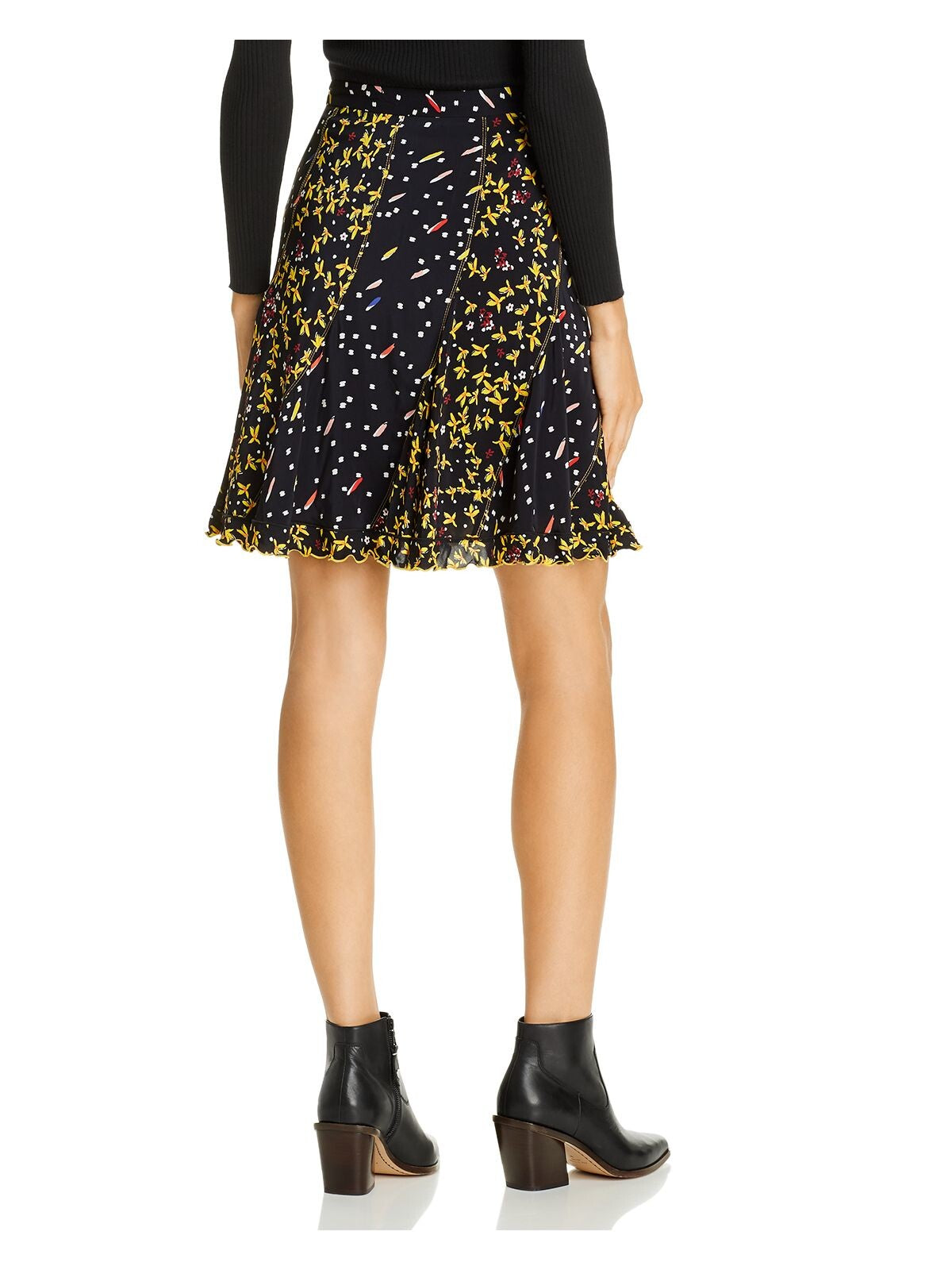 Derek Lam Womens Black Ruffled Zippered Printed Short A-Line Skirt Size: 0