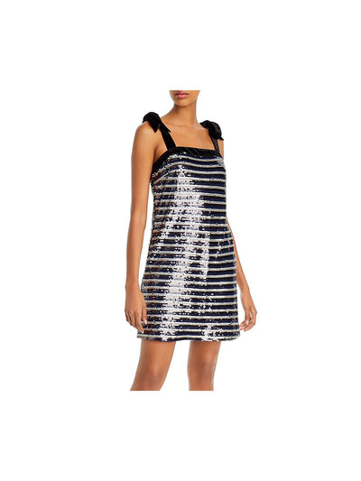 AQUA Womens Navy Sequined Striped Spaghetti Strap Square Neck Short Party Shift Dress XS