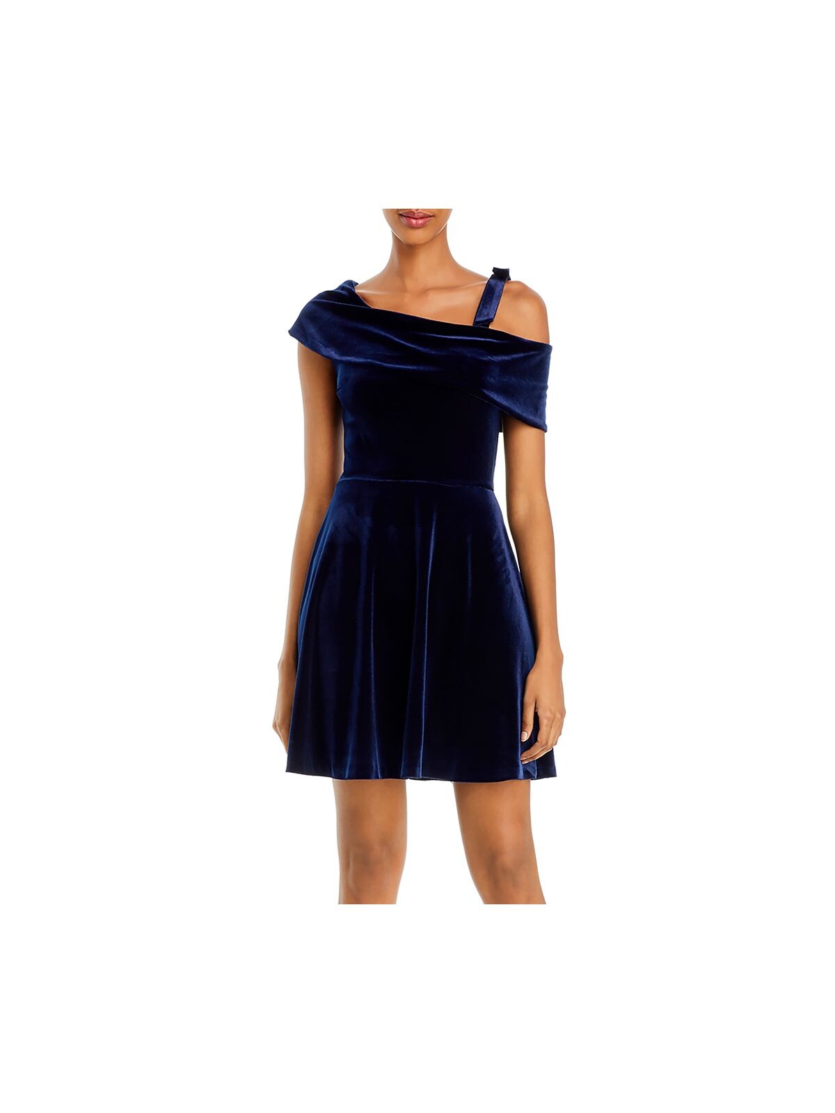 AQUA Womens Navy Asymmetrical Neckline Short Party Fit + Flare Dress XS