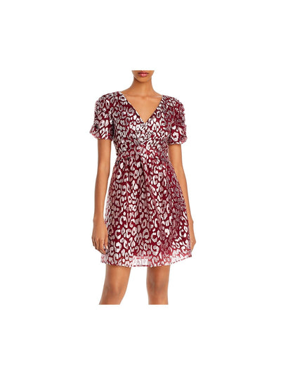 AQUA Womens Burgundy Short Sleeve Short Fit + Flare Party Dress M