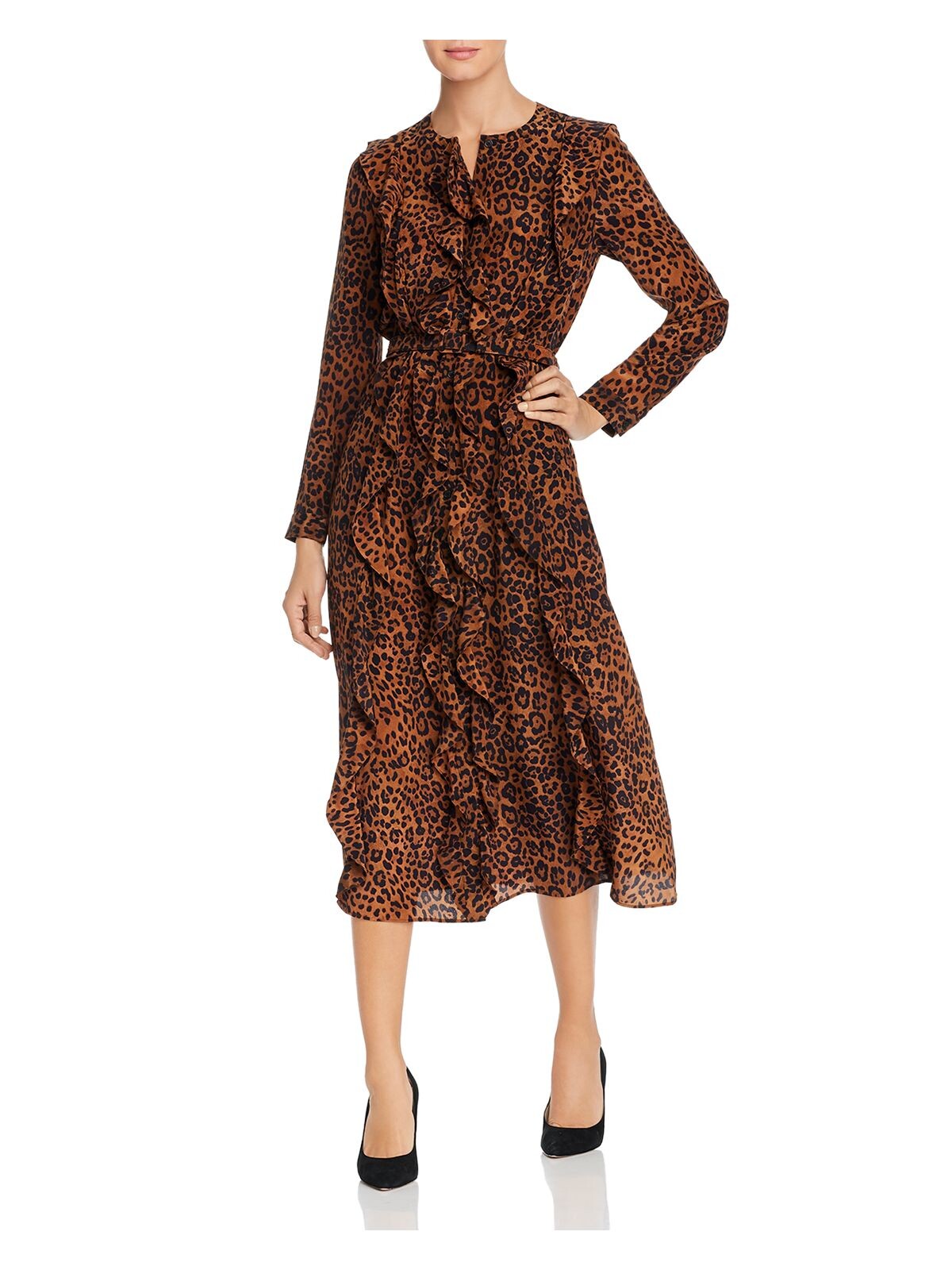 LAFAYETTE 148 NEW YORK Womens Brown Ruffled Belted Button Front Animal Print Long Sleeve Round Neck Midi Wear To Work Fit + Flare Dress L