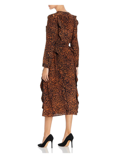 LAFAYETTE 148 NEW YORK Womens Brown Ruffled Belted Button Front Animal Print Long Sleeve Round Neck Midi Wear To Work Fit + Flare Dress L