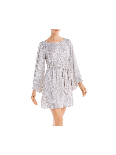 JAY GODFREY Womens Silver Sequined Belted Back Button Keyhole Bell Sleeve Round Neck Short Party Shift Dress 6