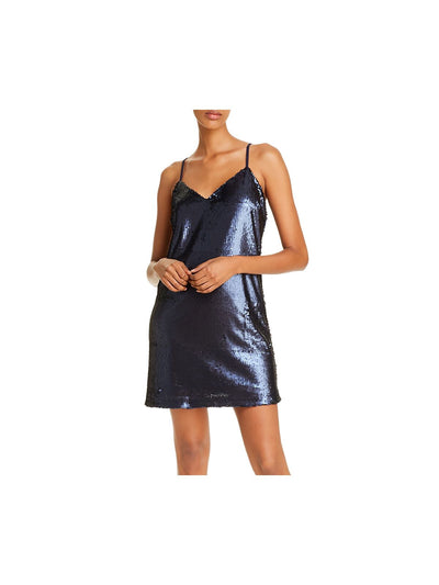 AQUA Womens Navy Sequined Spaghetti Strap V Neck Short Party Shift Dress S