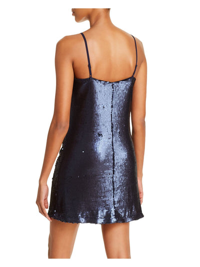 AQUA Womens Navy Sequined Spaghetti Strap V Neck Short Party Shift Dress S