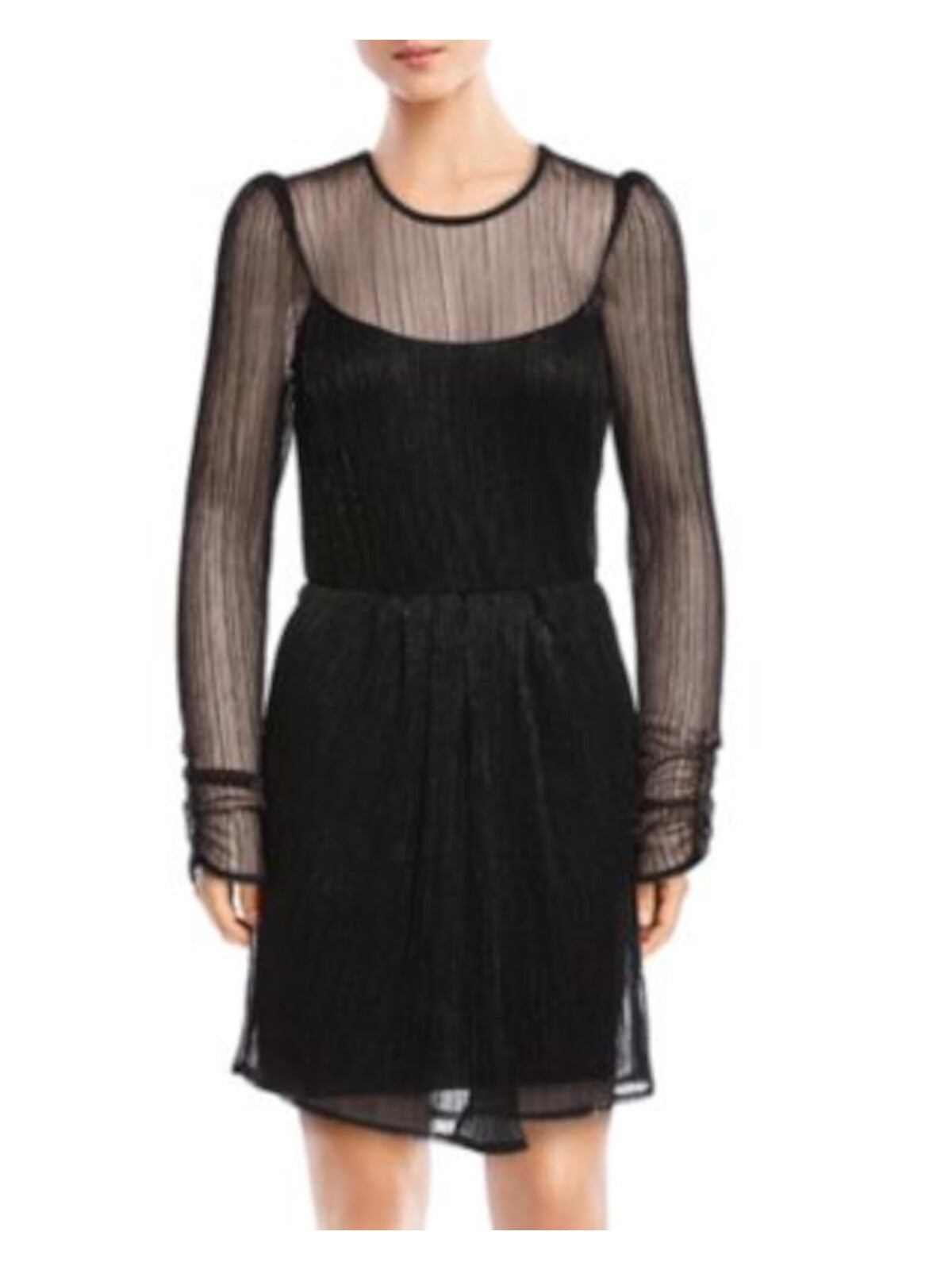 BAILEY44 Womens Black Stretch Sheer Metallic Long Sleeve Illusion Neckline Short Cocktail Sheath Dress S