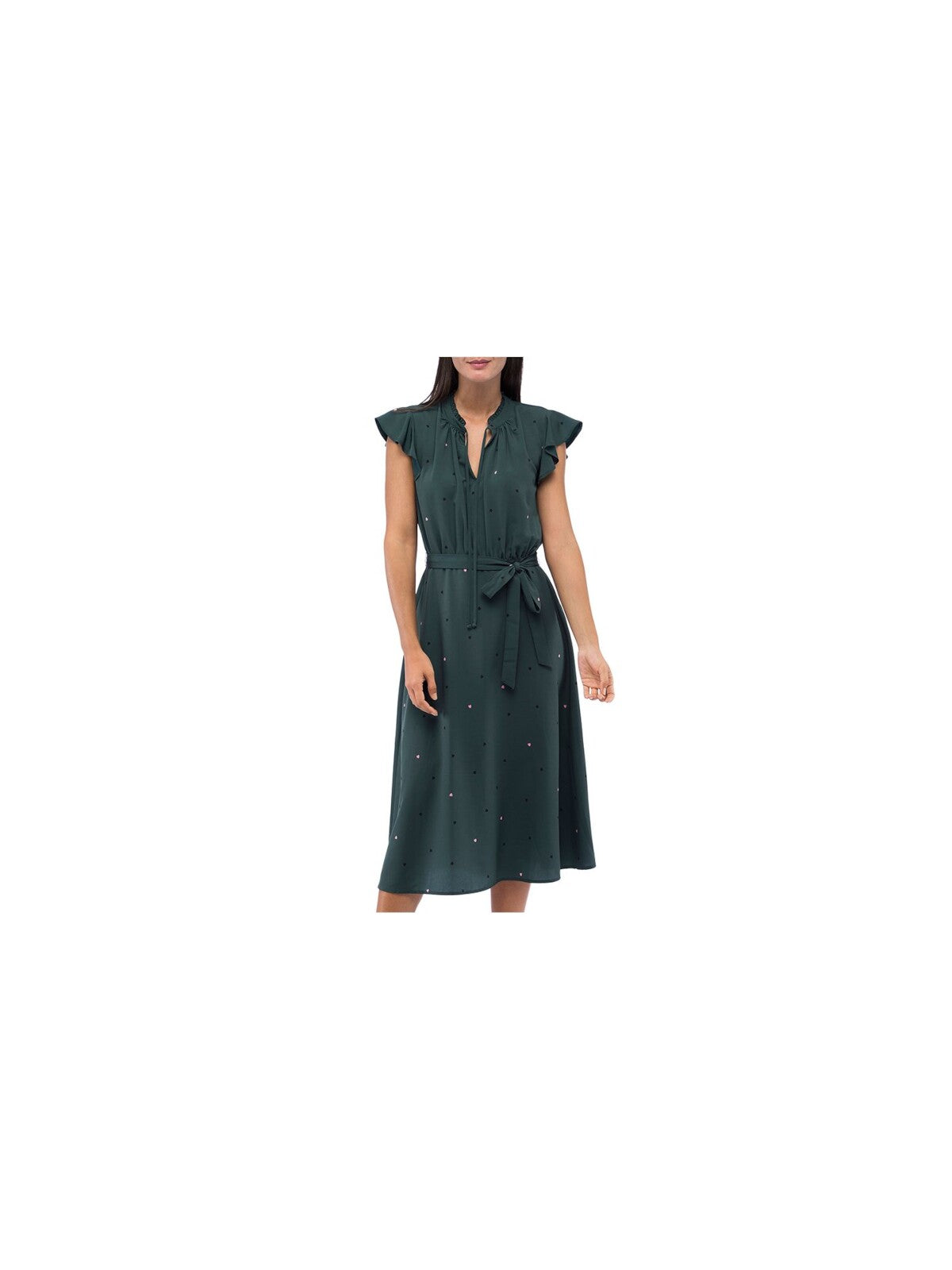 COLLECTION BY BOBEAU Womens Green Zippered Ruffled Tie Neckline Flutter Sleeve V Neck Midi Cocktail Fit + Flare Dress XL